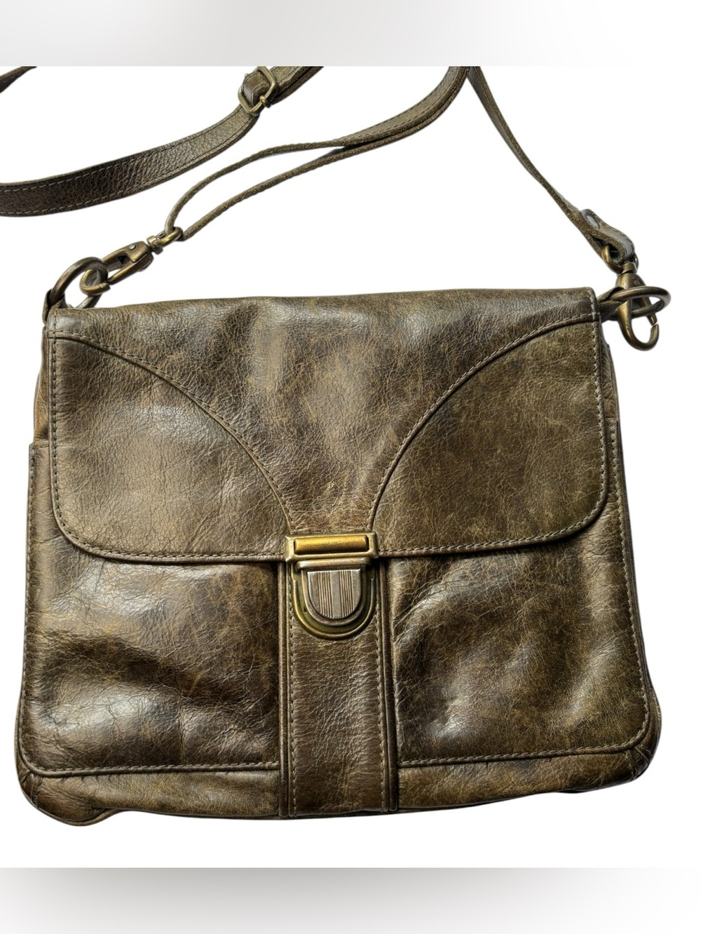 Odi Lynch Olive Brown Leather Crossbody Shoulder Messenger Bag Brass Hardware